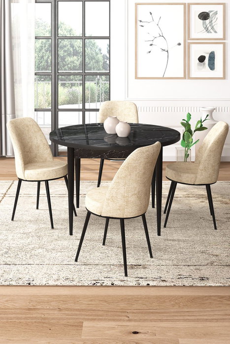 Hanah Home Juego de Mesa y Sillas de Comedor 5 Piezas Aglomerado Melamina Metal Negro Mármol Crema